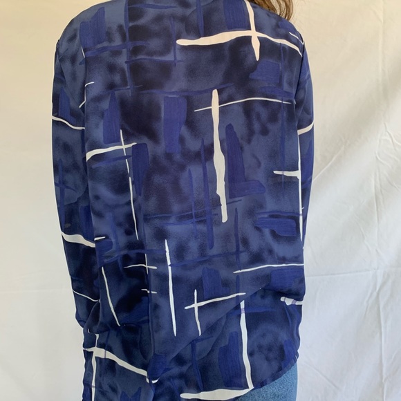 Vintage 80s Blue White Abstract Semi-Sheer Blouse - Picture 5 of 6